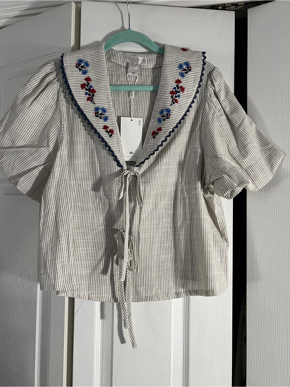 Embroidered Sailor Collar Stripe Cotton Top - White/Blue